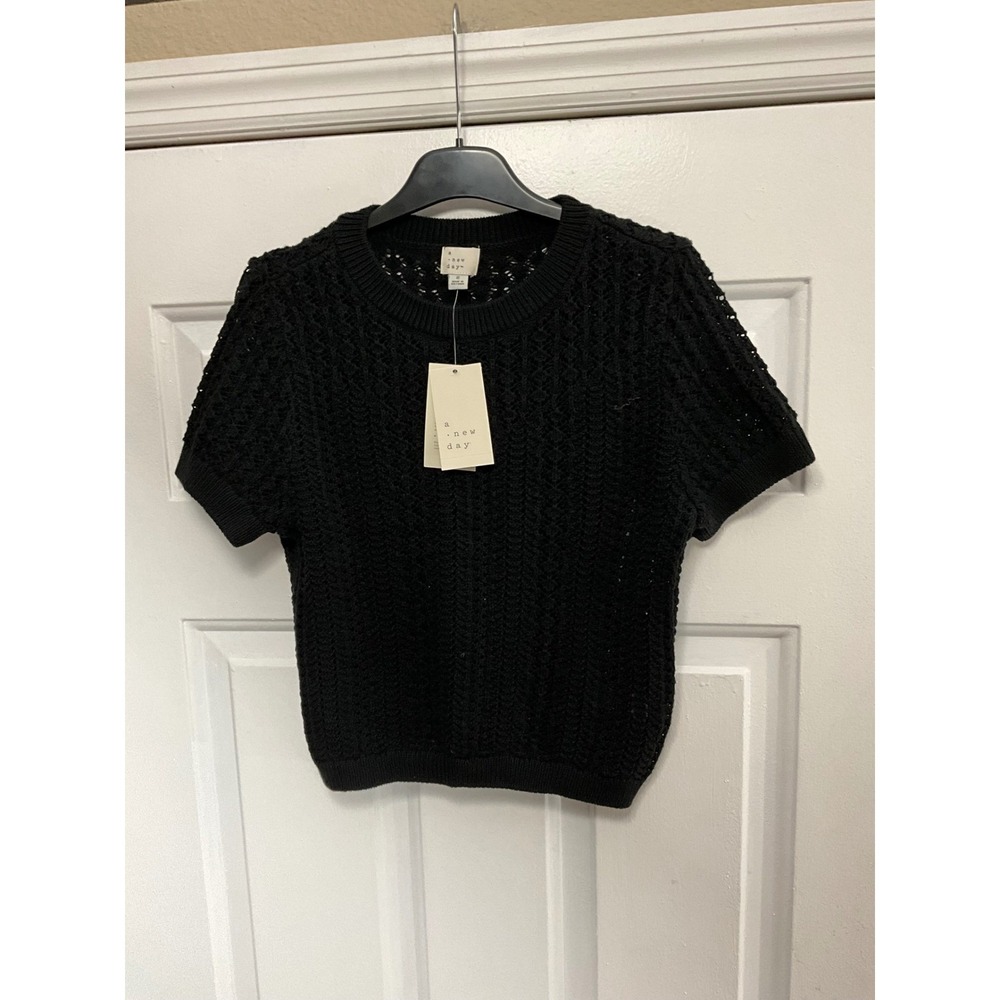 A New Day Womens Black Short Sleeve Pointelle Cable Knit Sweater Size S NWT